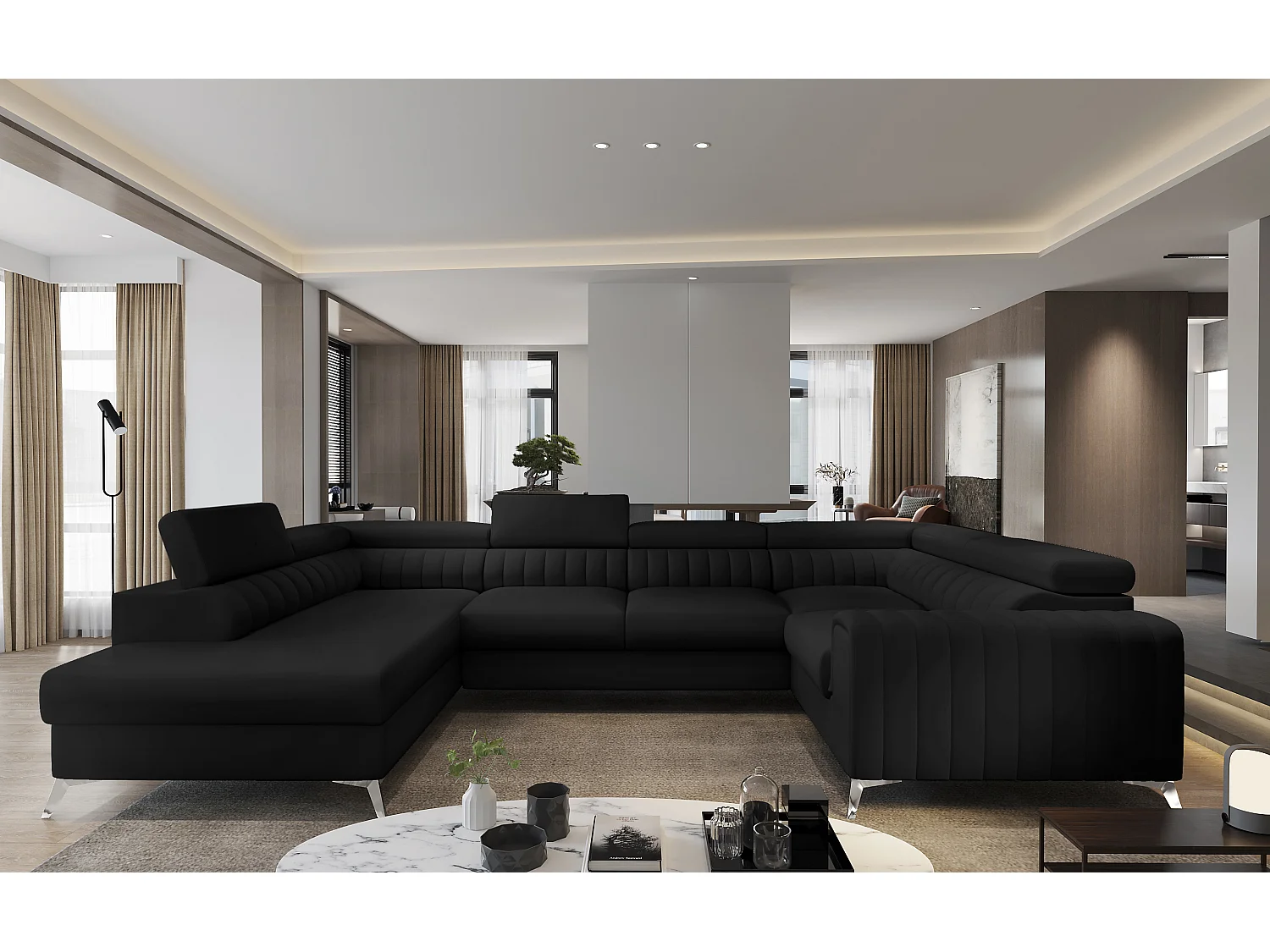 Canapé panoramique convertible simili cuir noir avec coffre de rangement Louve 340cm-Coffre de rangement à gauche