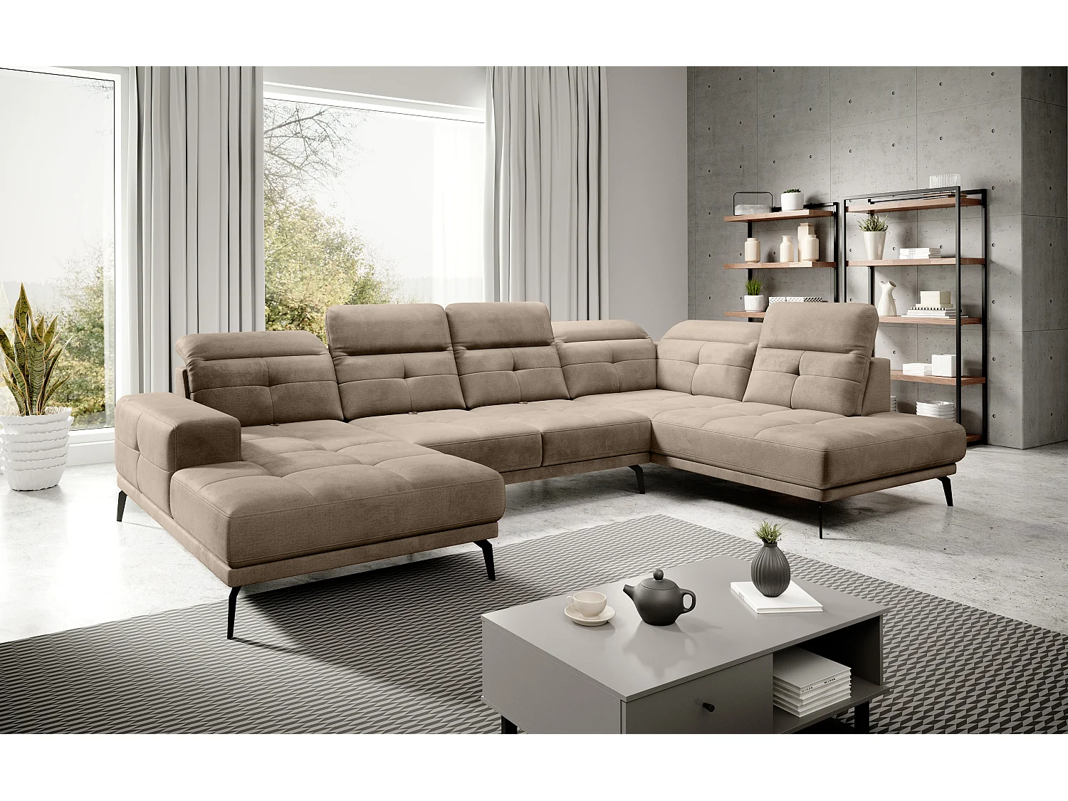 Canapé panoramique moderne tissu beige foncé têtières angle droit Versus 350cm