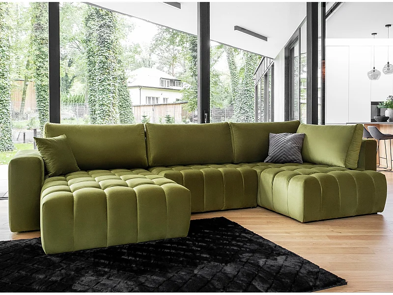 Canapé panoramique convertible design capitonné velours vert kaki méridienne gauche Boston 350cm