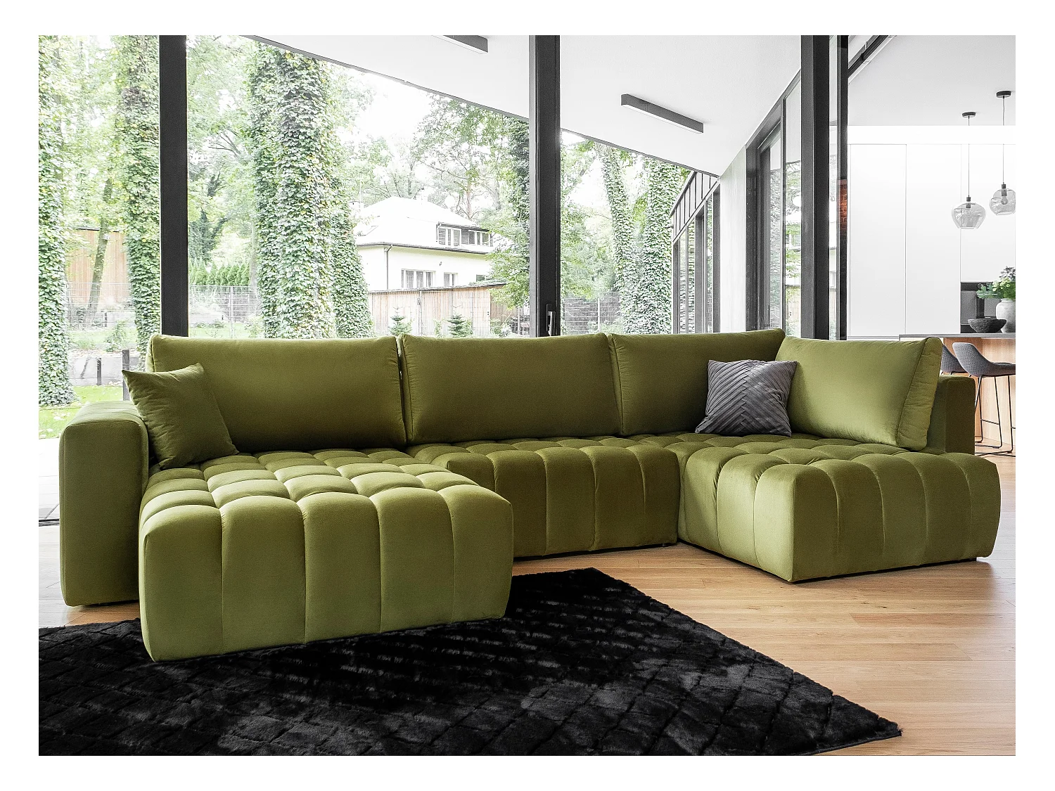 Canapé panoramique convertible design capitonné velours vert kaki méridienne gauche Boston 350cm