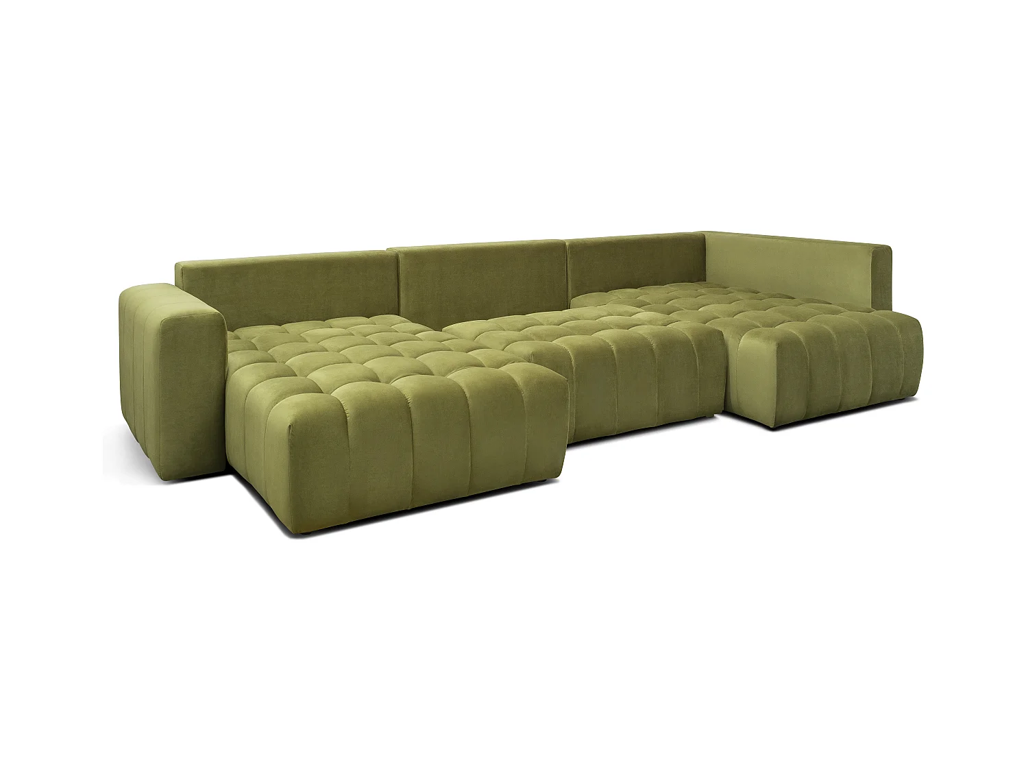 Canapé panoramique convertible design capitonné velours vert kaki méridienne gauche Boston 350cm