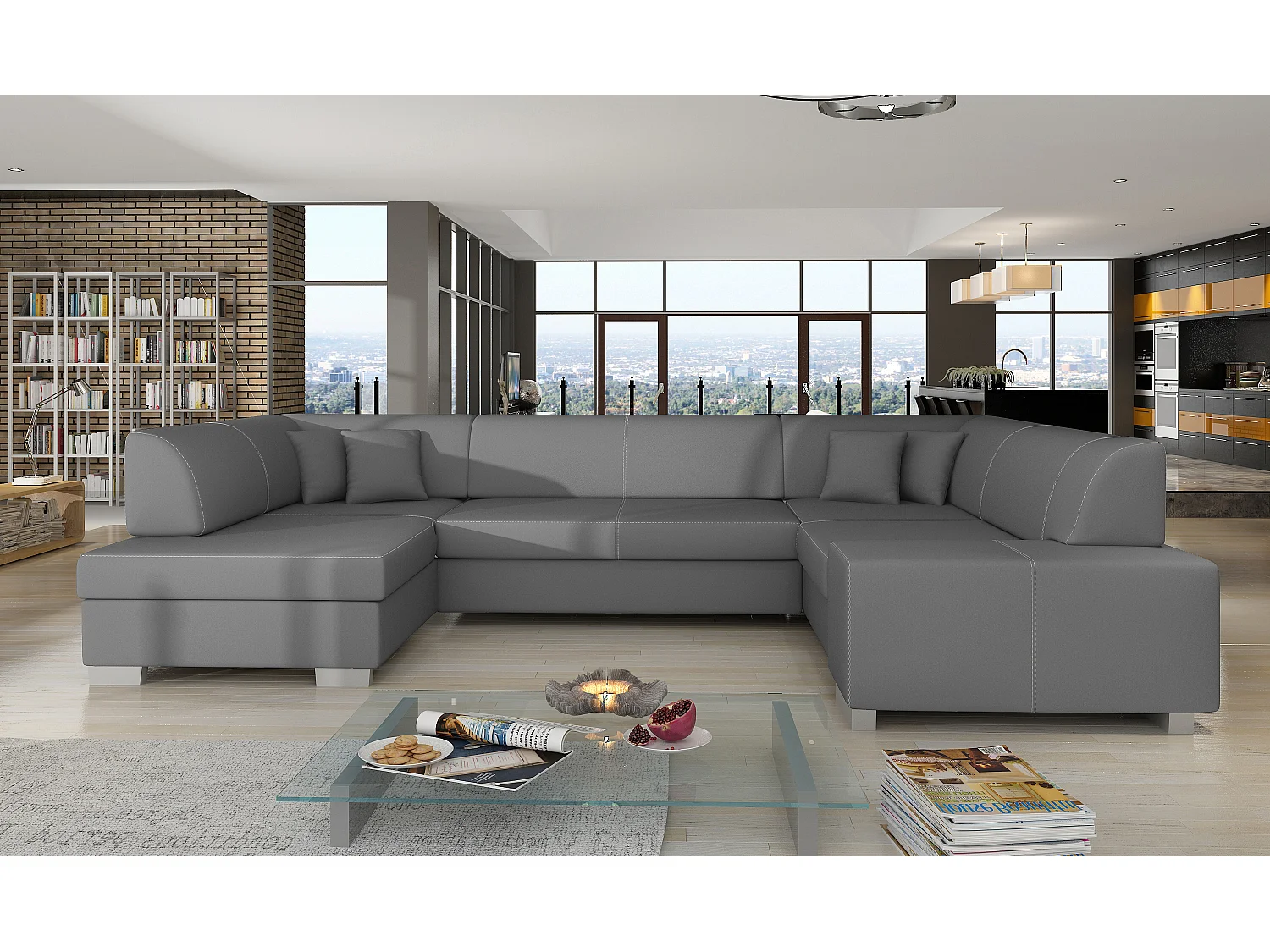 Canapé convertible panoramique simili cuir gris avec coffre de rangement Houston 320cm-Coffre de rangement à gauche