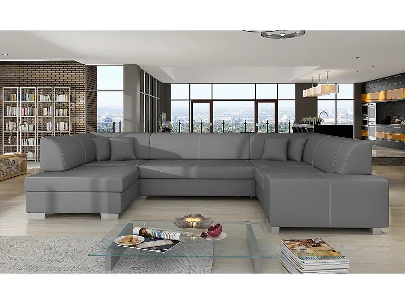 Canapé convertible panoramique simili cuir gris avec coffre de rangement Houston 320cm-Coffre de rangement à gauche