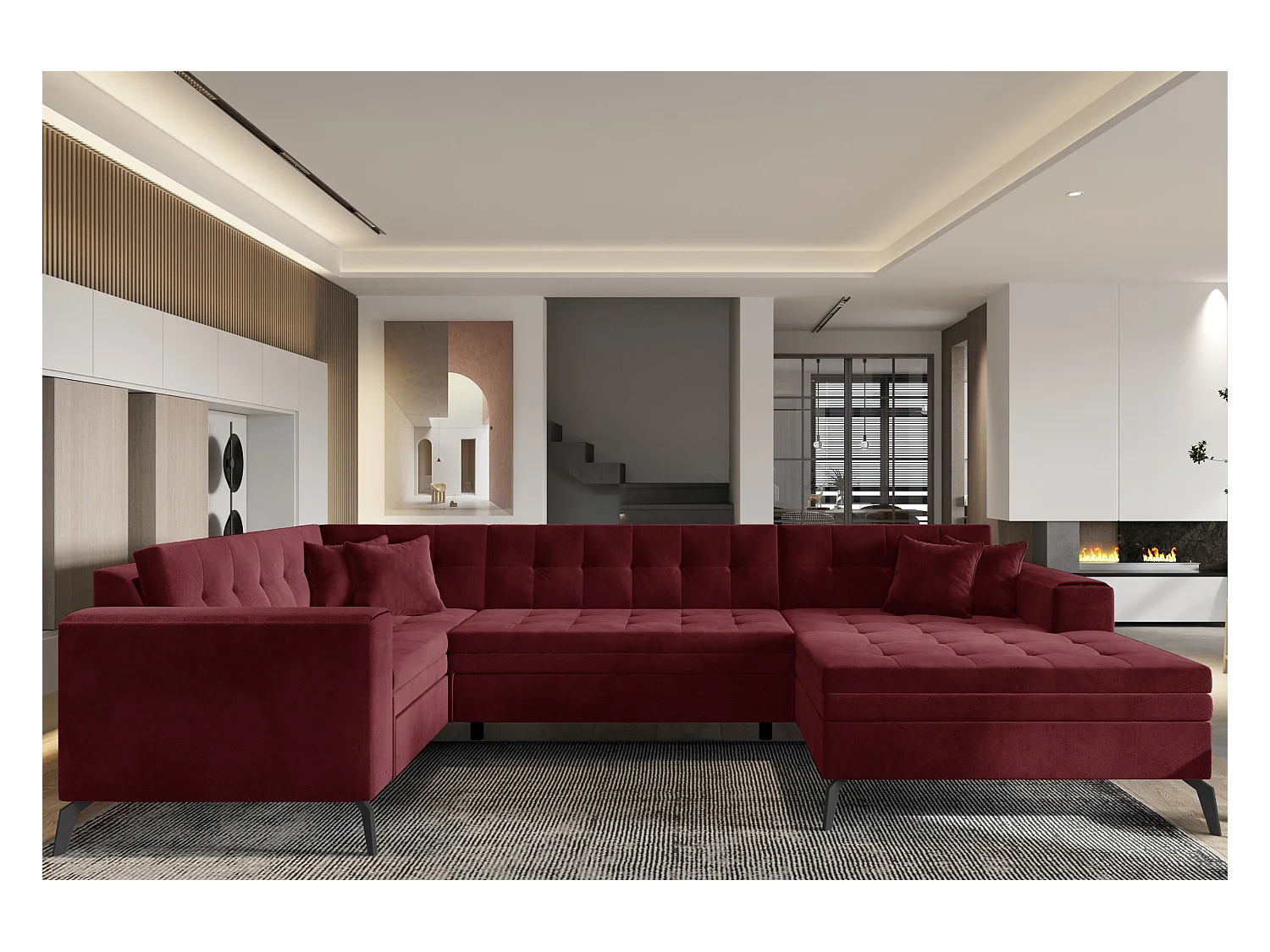 Canapé panoramique convertible droit tissu bordeaux matelassé Bonty 340cm
