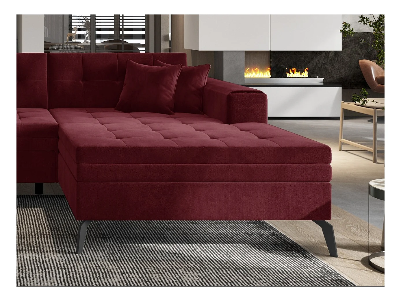 Canapé panoramique convertible droit tissu bordeaux matelassé Bonty 340cm