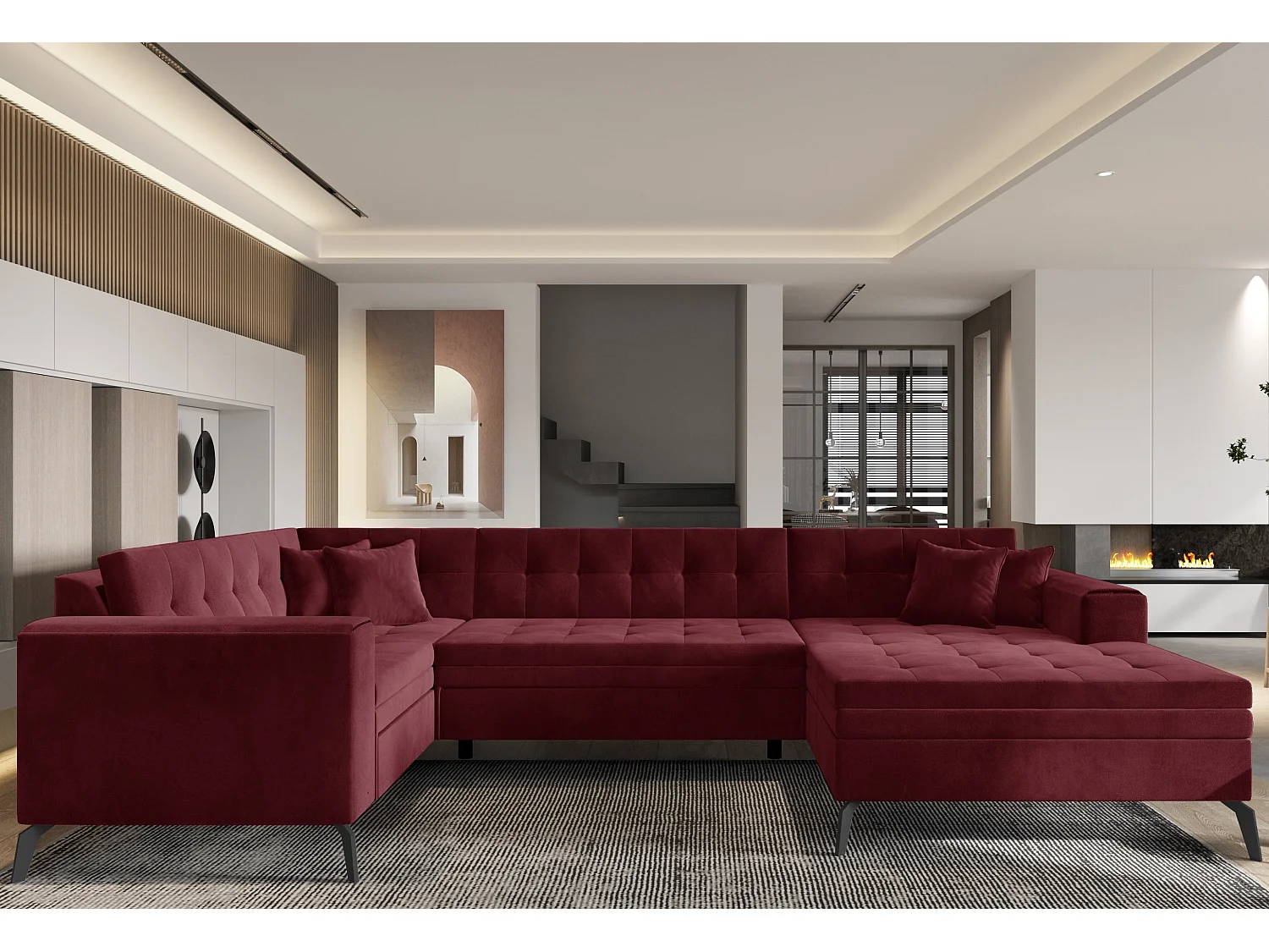 Canapé panoramique convertible droit tissu bordeaux matelassé Bonty 340cm