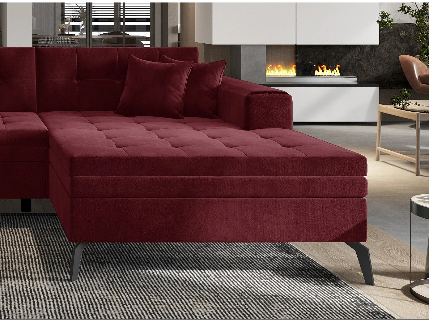 Canapé panoramique convertible droit tissu bordeaux matelassé Bonty 340cm