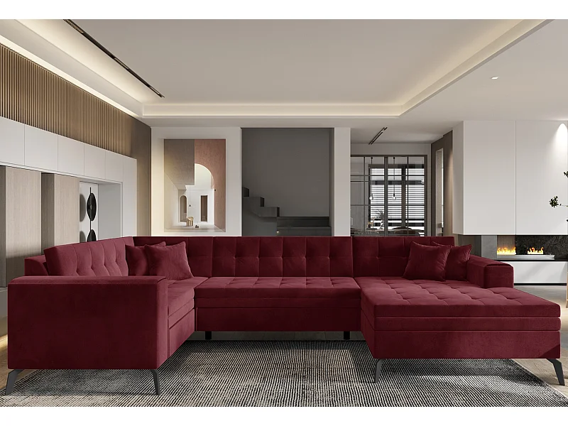 Canapé panoramique convertible droit tissu bordeaux matelassé Bonty 340cm