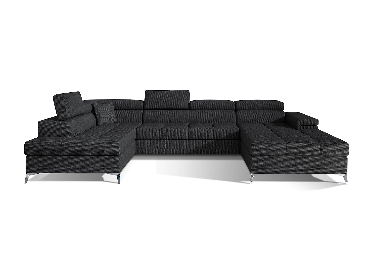 Canapé panoramique tissu gris chiné coffre de rangement à gauche Kutty 345cm