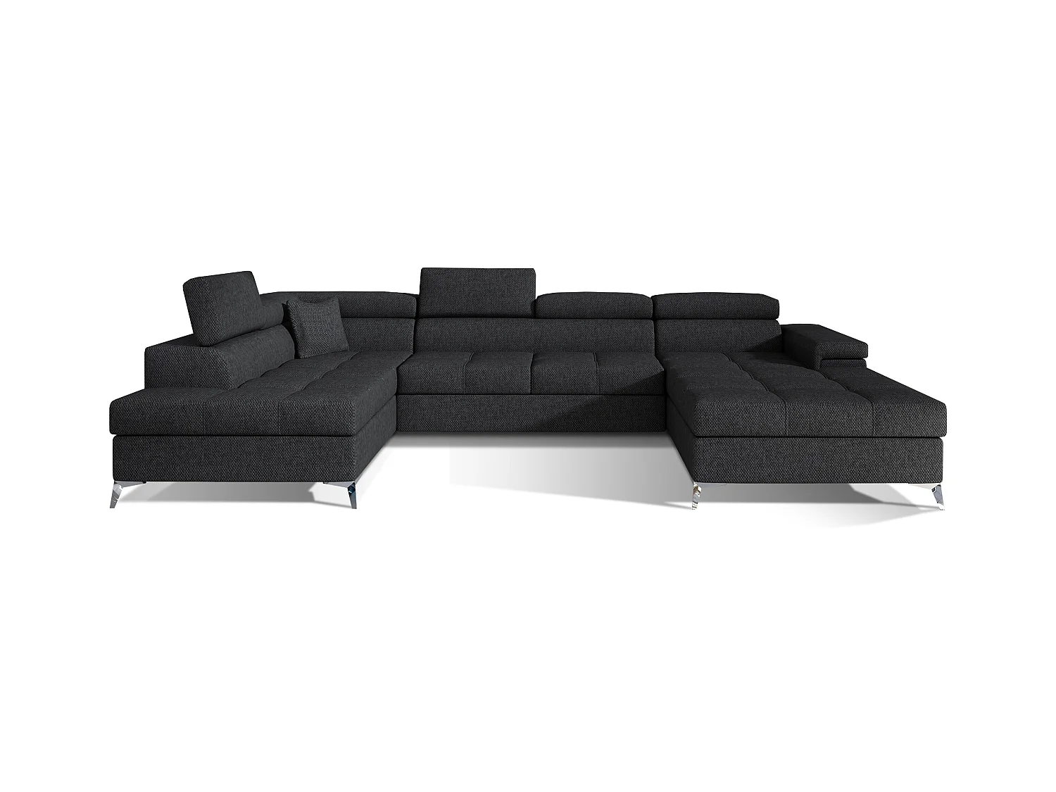 Canapé panoramique tissu gris chiné coffre de rangement à gauche Kutty 345cm