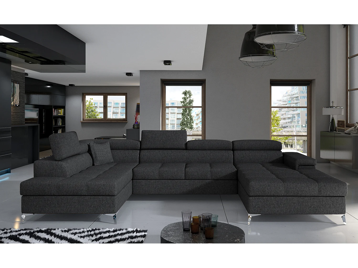 Canapé panoramique tissu gris chiné coffre de rangement à gauche Kutty 345cm