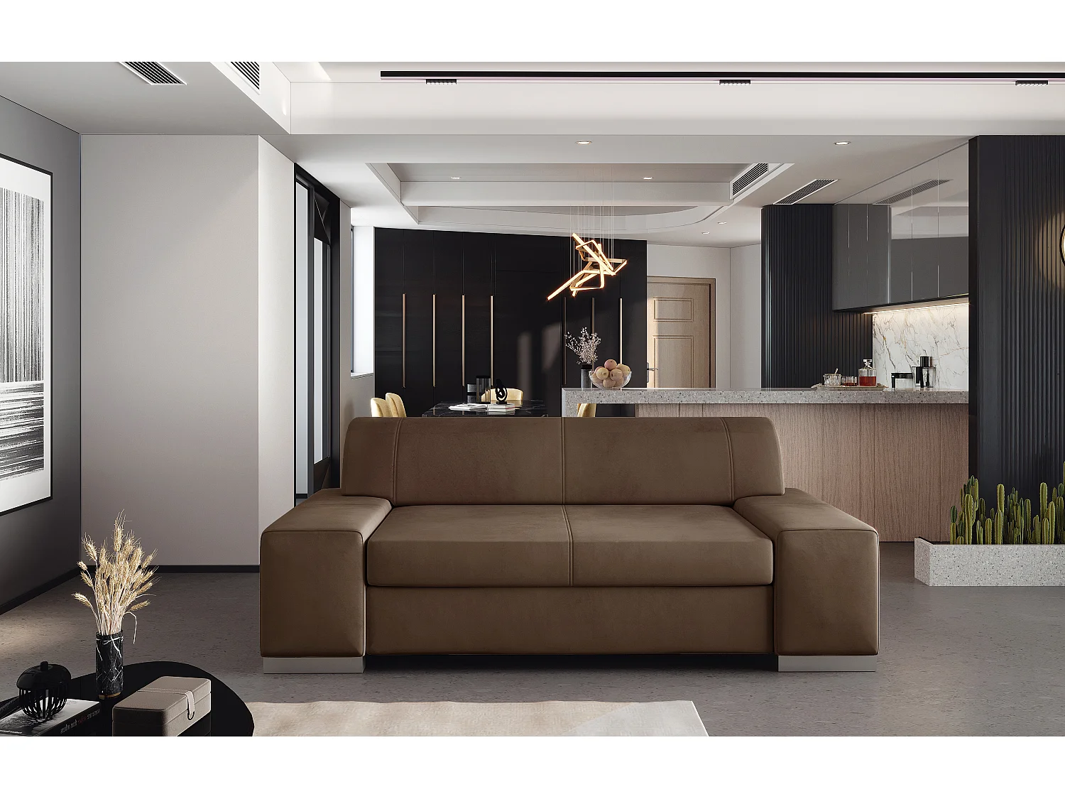 Canapé minimaliste 2-3 places velours marron Plazo 190cm