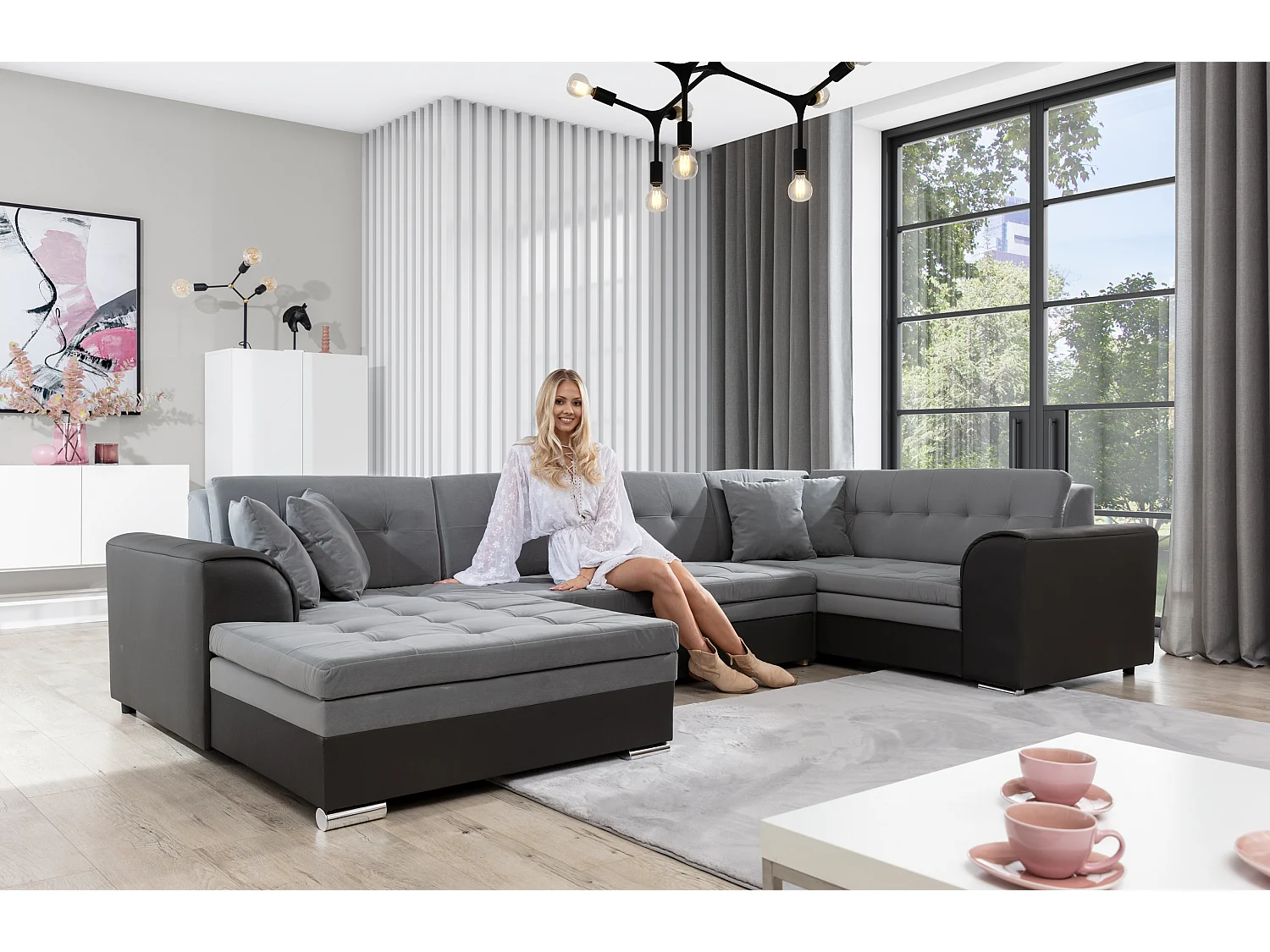 Canapé convertible panoramique velours gris clair et anthracite méridienne à gauche Diana 340cm