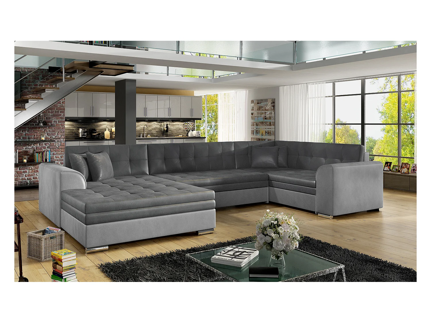 Canapé convertible panoramique velours gris clair et anthracite méridienne à gauche Diana 340cm
