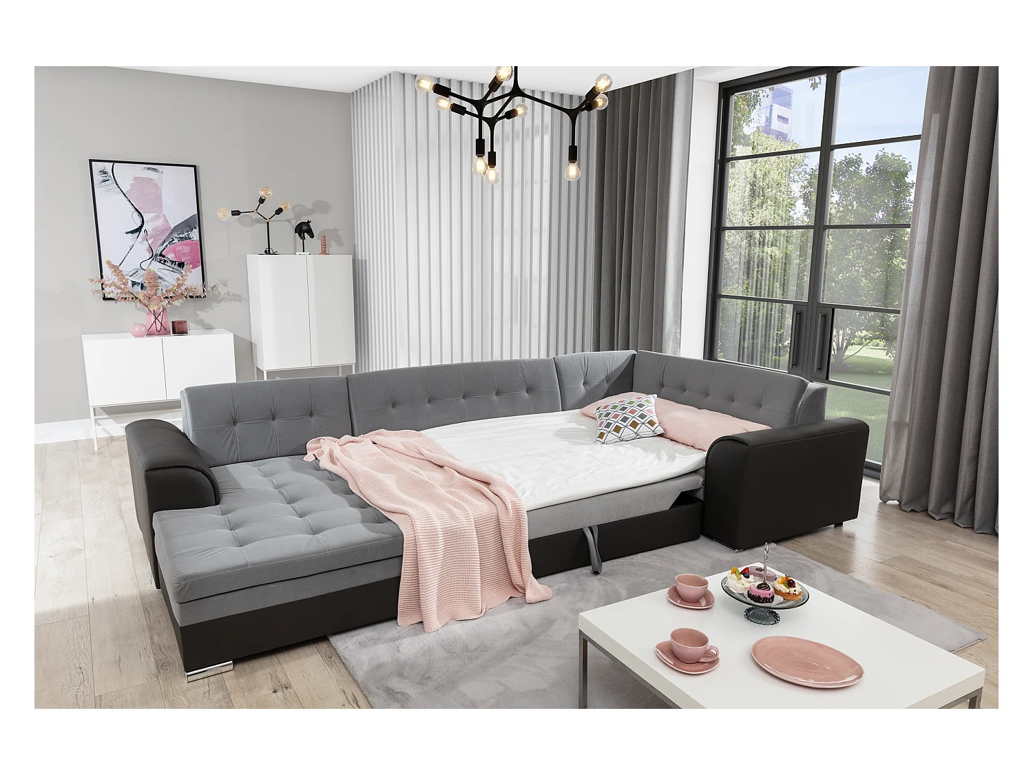 Canapé convertible panoramique velours gris clair et anthracite méridienne à gauche Diana 340cm