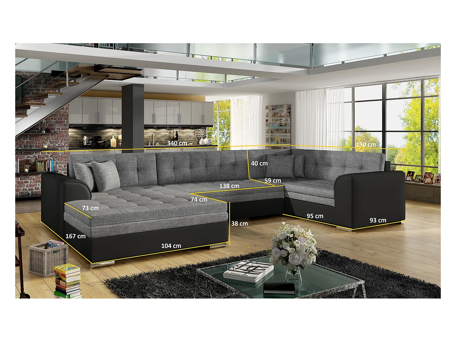 Canapé convertible panoramique velours gris clair et anthracite méridienne à gauche Diana 340cm