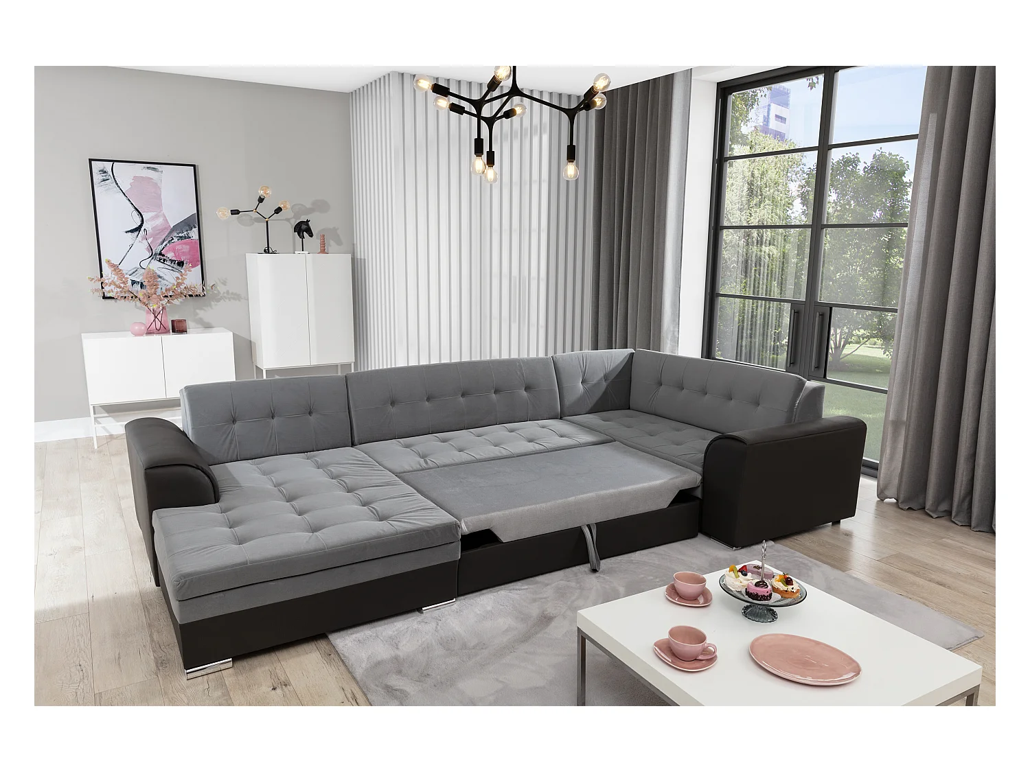 Canapé convertible panoramique velours gris clair et anthracite méridienne à gauche Diana 340cm