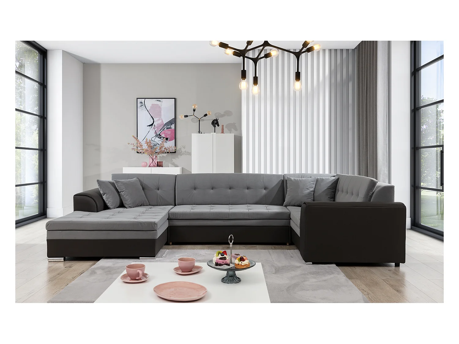 Canapé convertible panoramique velours gris clair et anthracite méridienne à gauche Diana 340cm