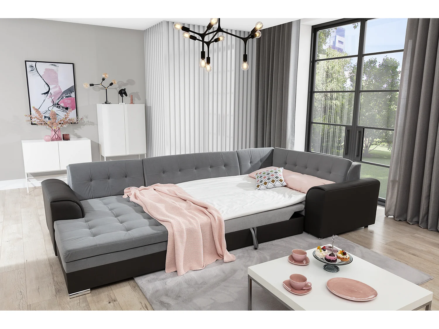 Canapé convertible panoramique velours gris clair et anthracite méridienne à gauche Diana 340cm