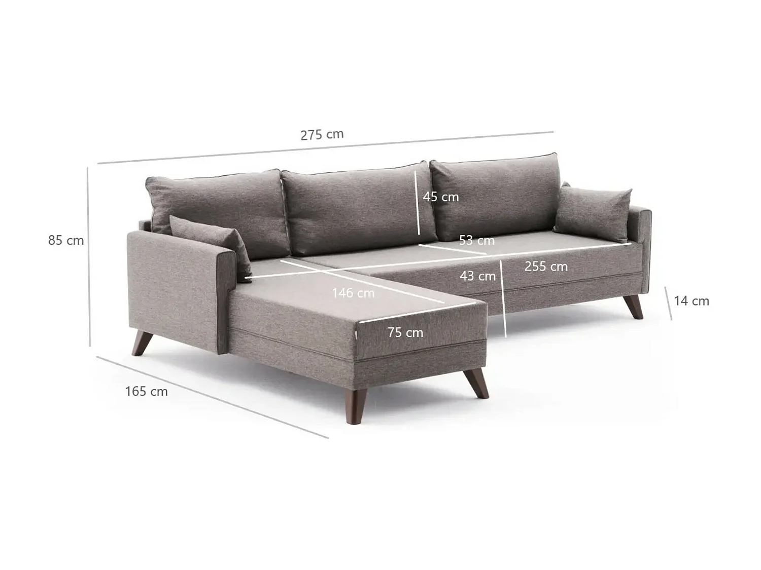 Canapé d'angle gauche 5 places tissu marron clair Kandy 275cm