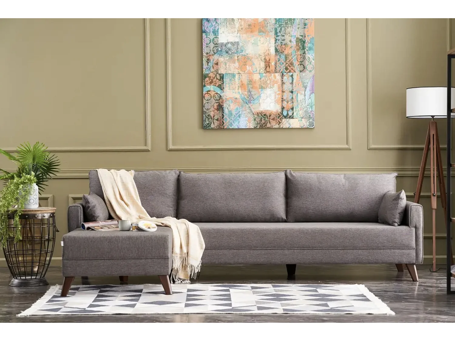 Linkerhoekbank 5 plaatsen lichtbruine stof Kandy 275 cm