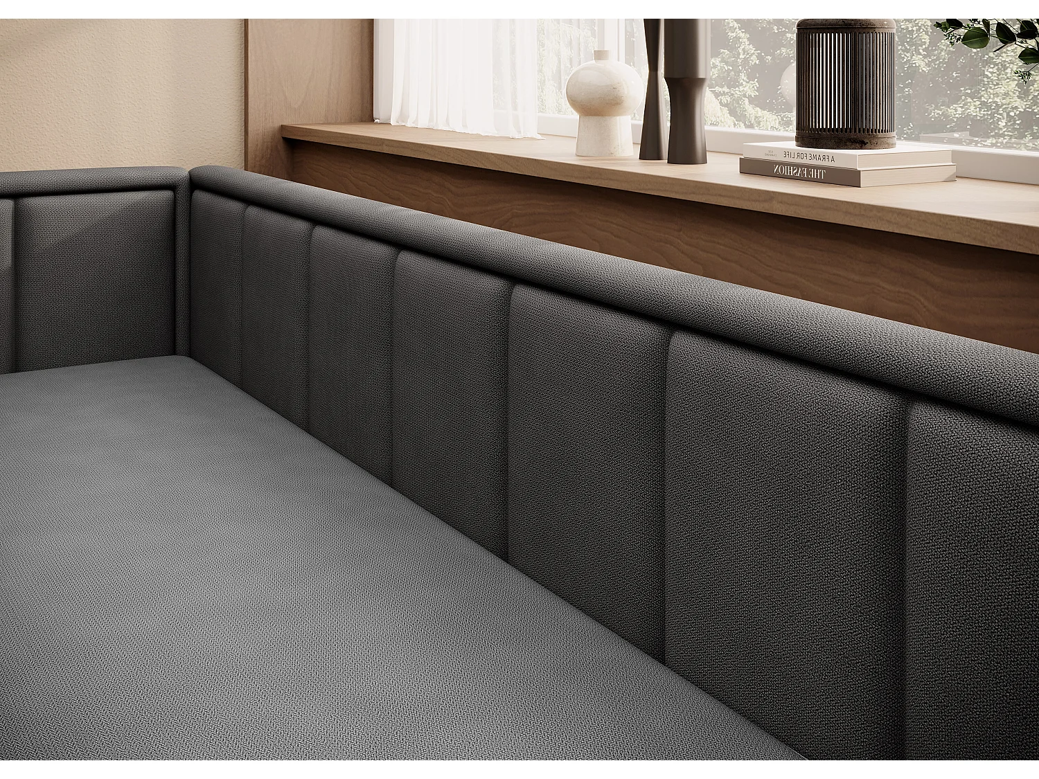 3-zits slaapbank in zachte stof Figo 214 cm-Kleur Donkergrijs-linkerhoek