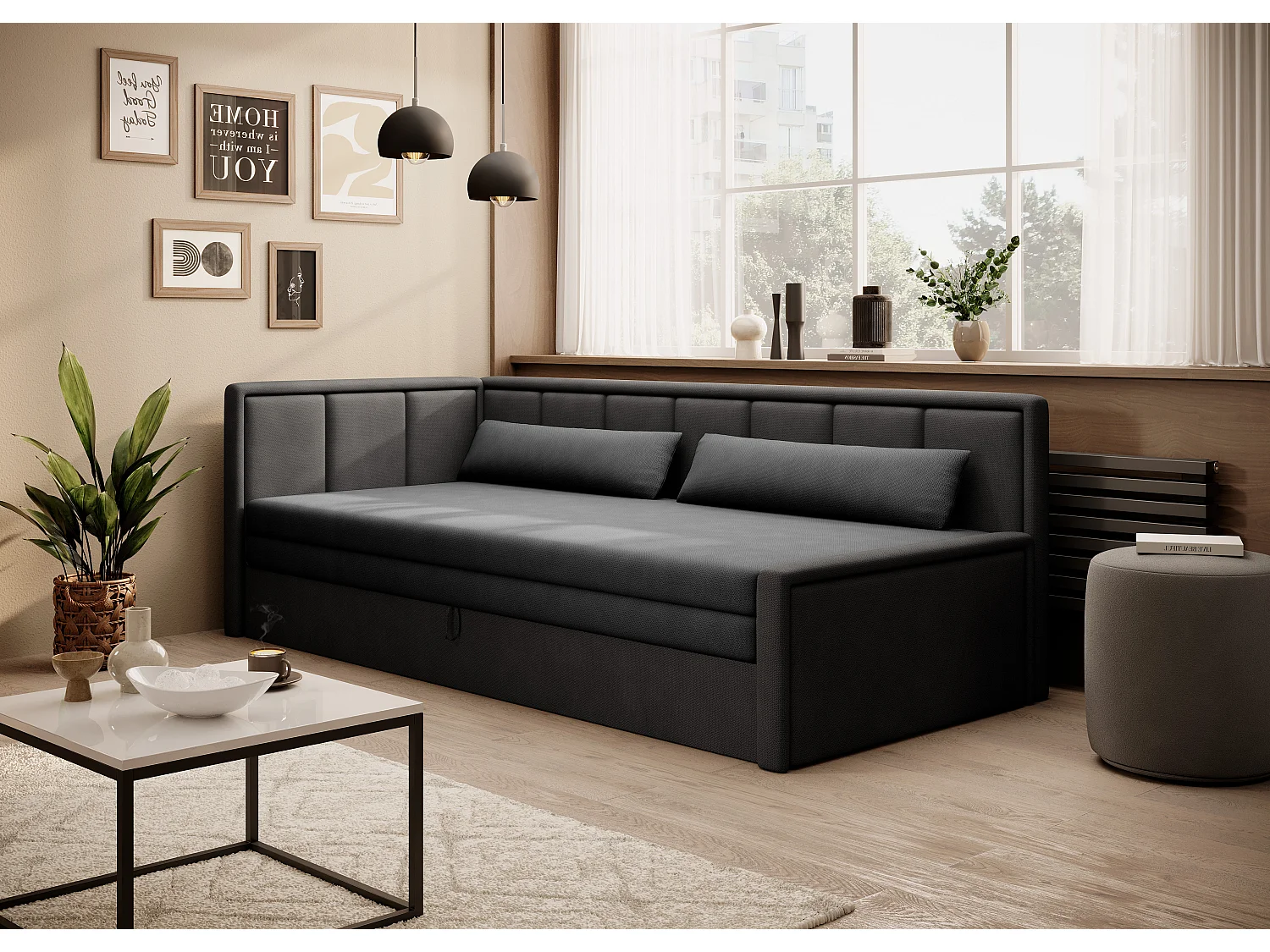 Canapé banquette convertible 3 places tissu doux Figo 214cm-Couleur Gris foncé-angle gauche