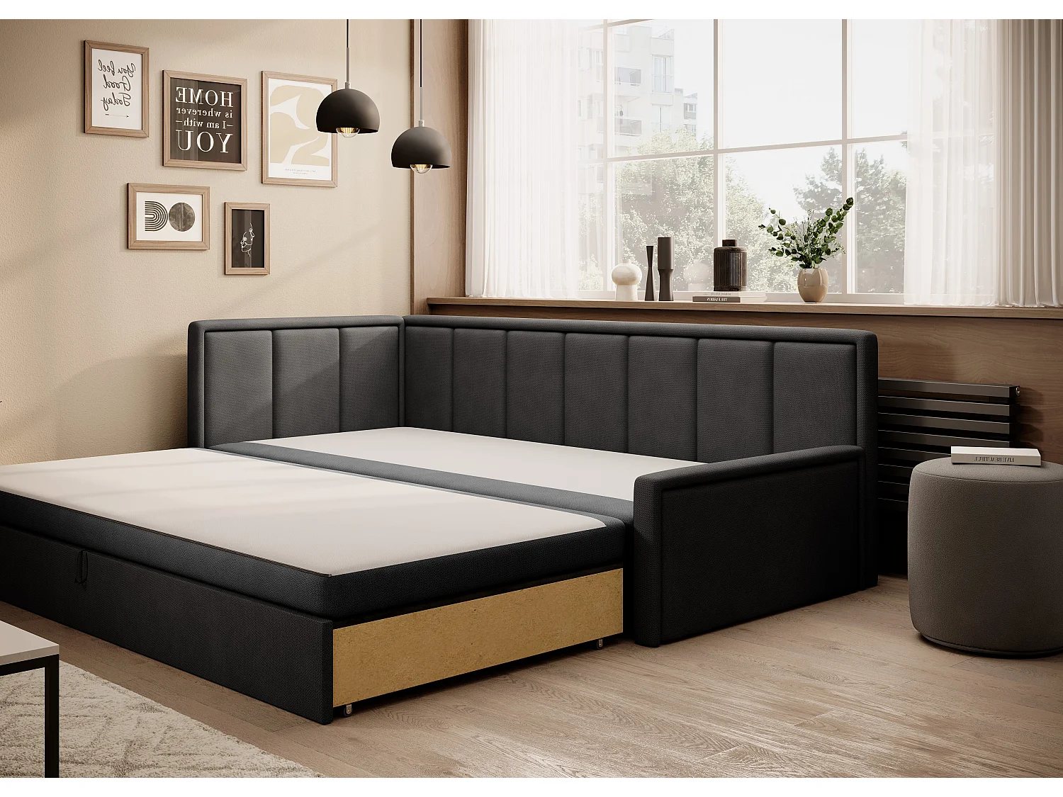 Canapé banquette convertible 3 places tissu doux Figo 214cm-Couleur Gris foncé-angle gauche