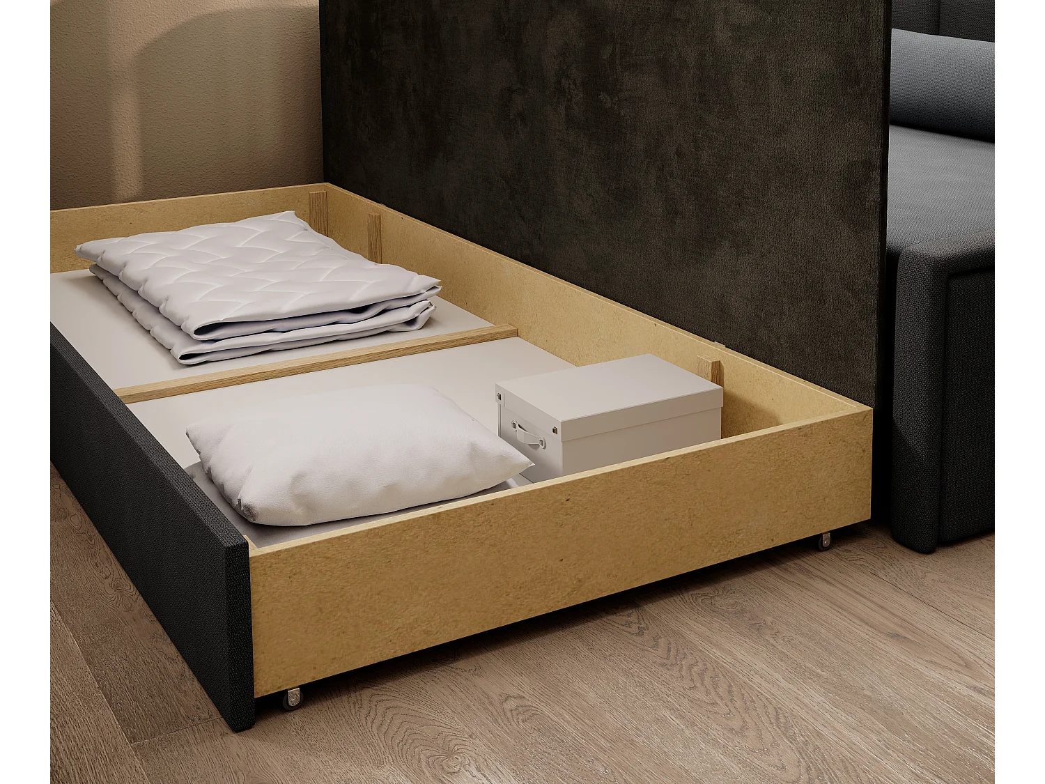 Canapé banquette convertible 3 places tissu doux Figo 214cm-Couleur Gris foncé-angle gauche