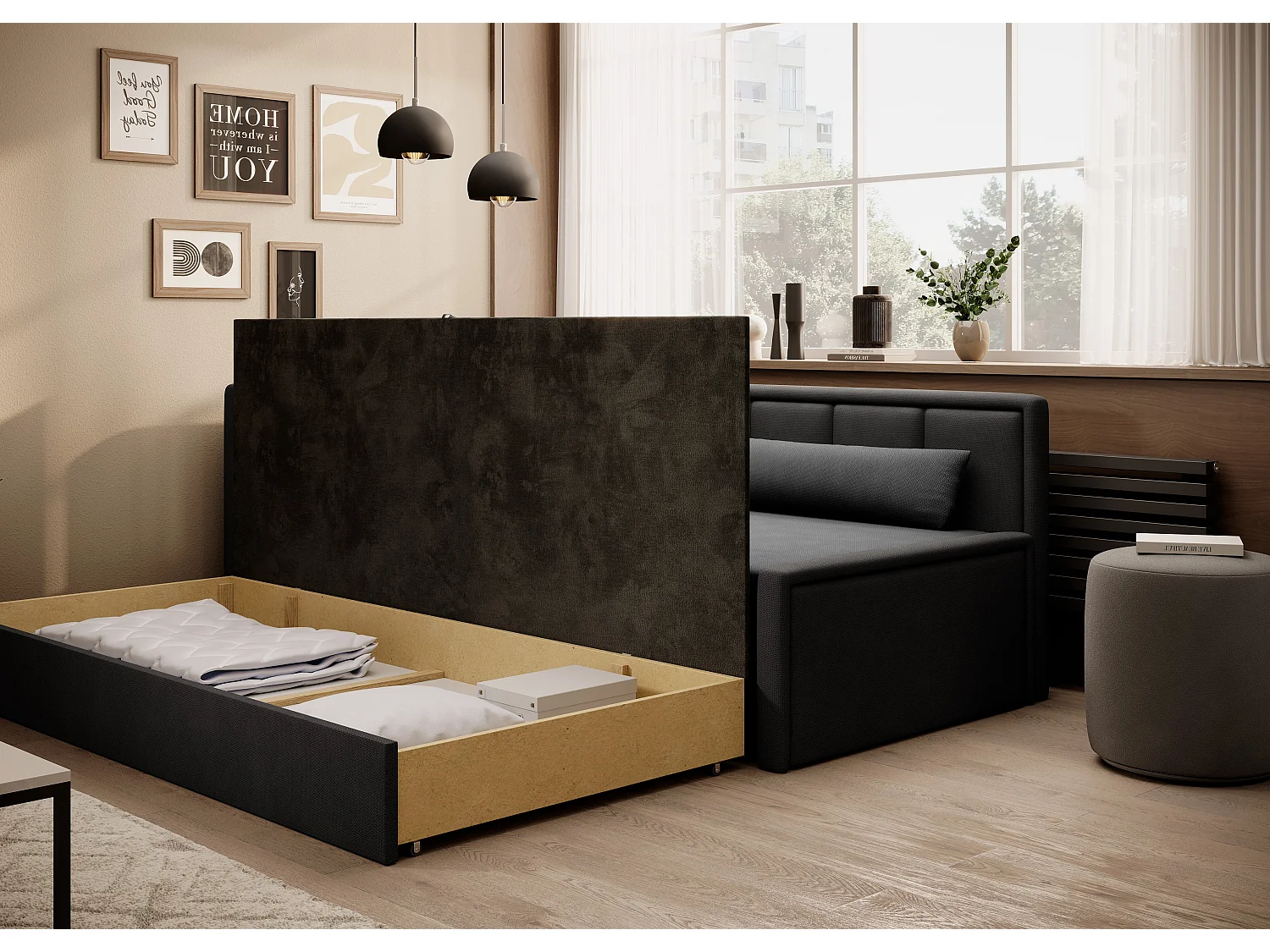 Canapé banquette convertible 3 places tissu doux Figo 214cm-Couleur Gris foncé-angle gauche