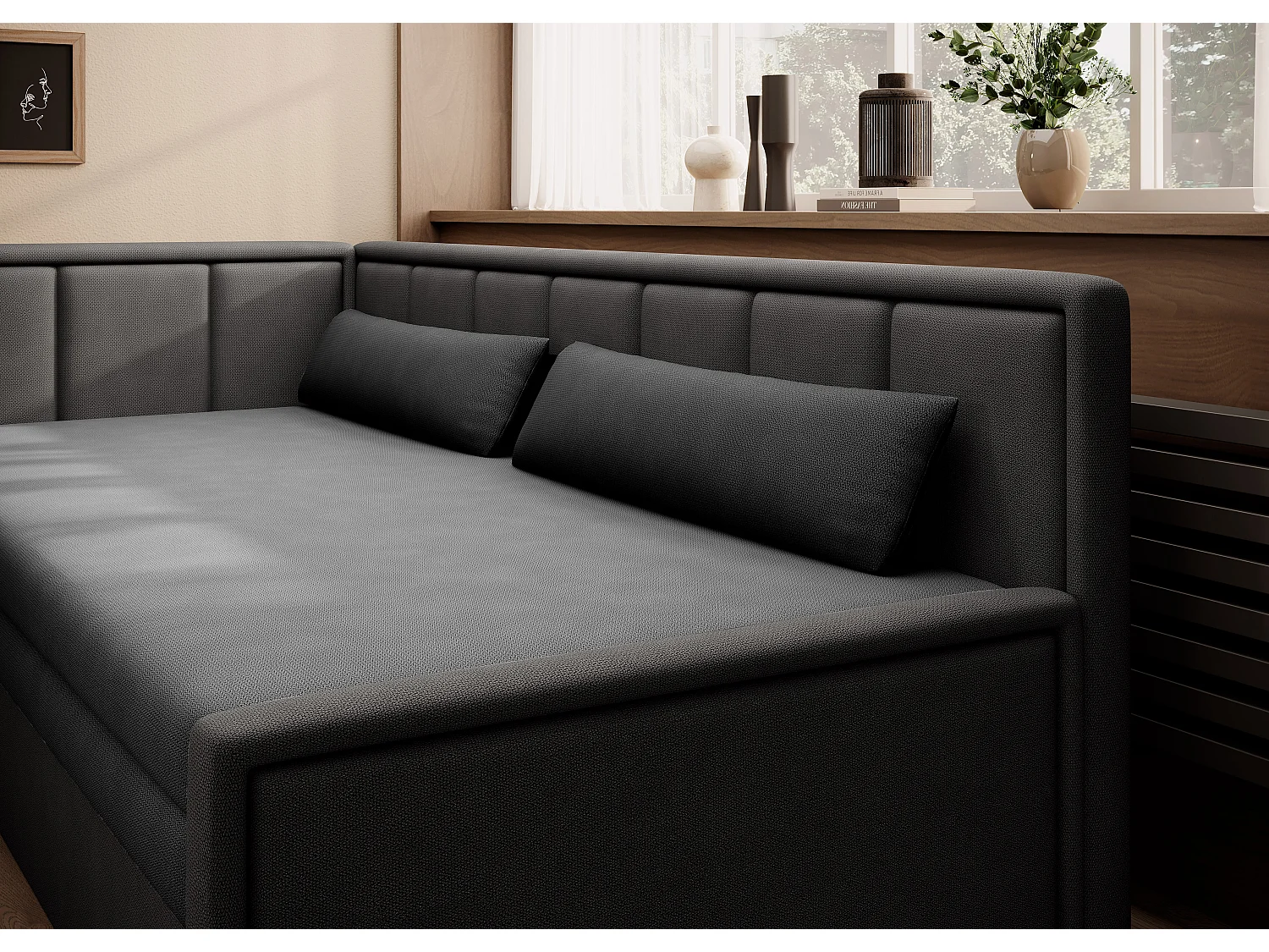 Canapé banquette convertible 3 places tissu doux Figo 214cm-Couleur Gris foncé-angle gauche