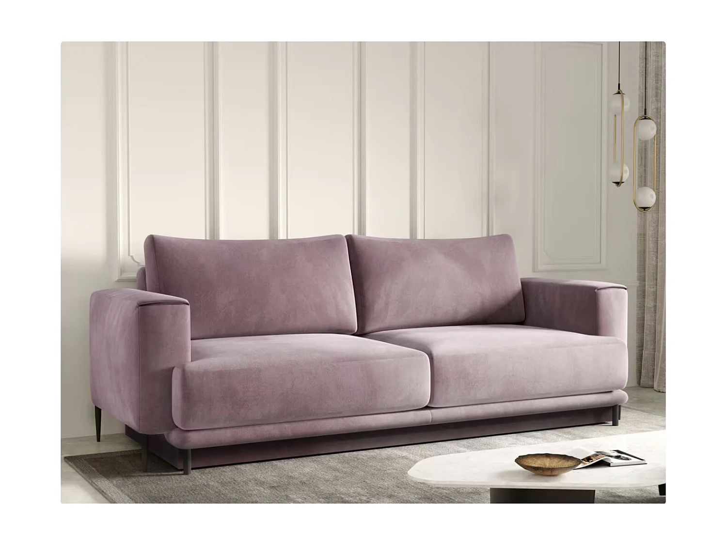 Sofá convertible recto DAVINA de terciopelo con compartimento de almacenamiento - Patas de metal negro-Color Rosa viejo