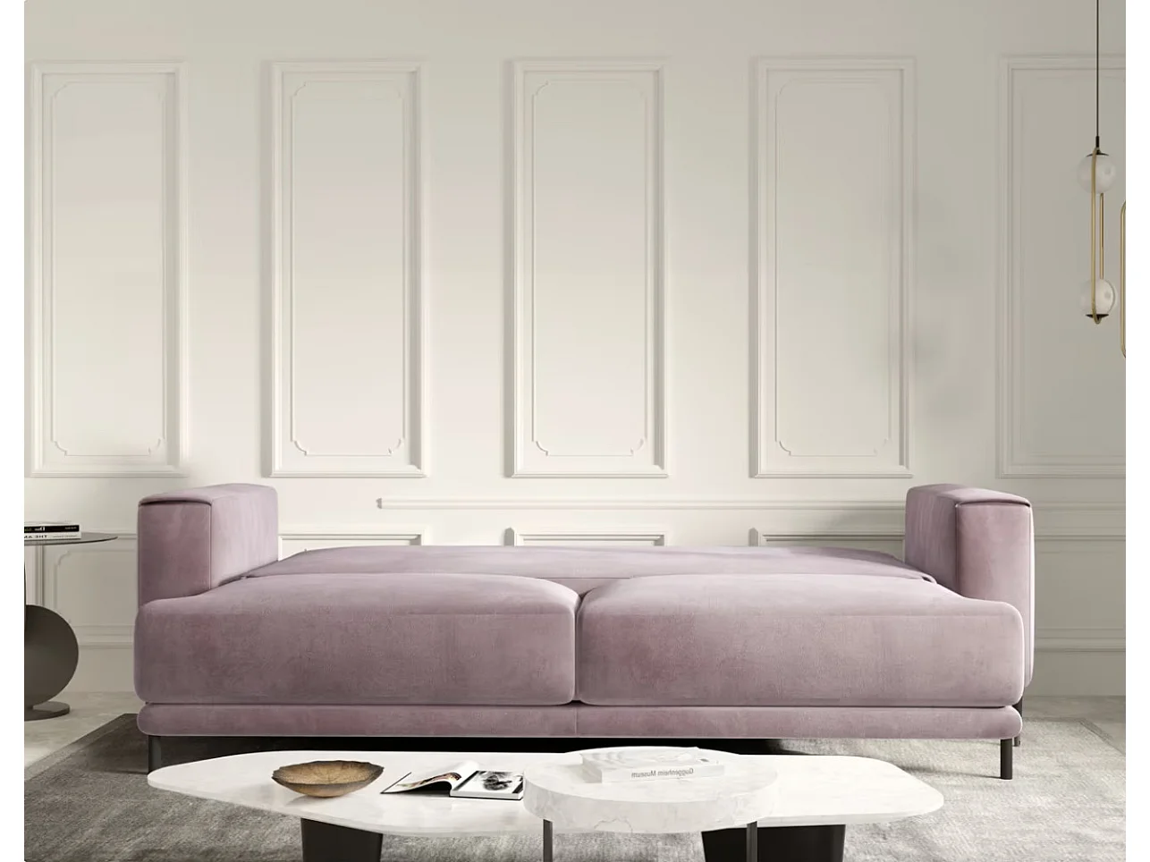 Sofá convertible recto DAVINA de terciopelo con compartimento de almacenamiento - Patas de metal negro-Color Rosa viejo