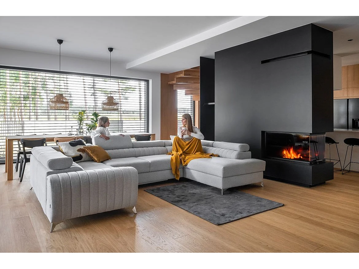 Canapé panoramique convertible tissu chocolat avec coffre de rangement Louve 340cm-Coffre de rangement à droite