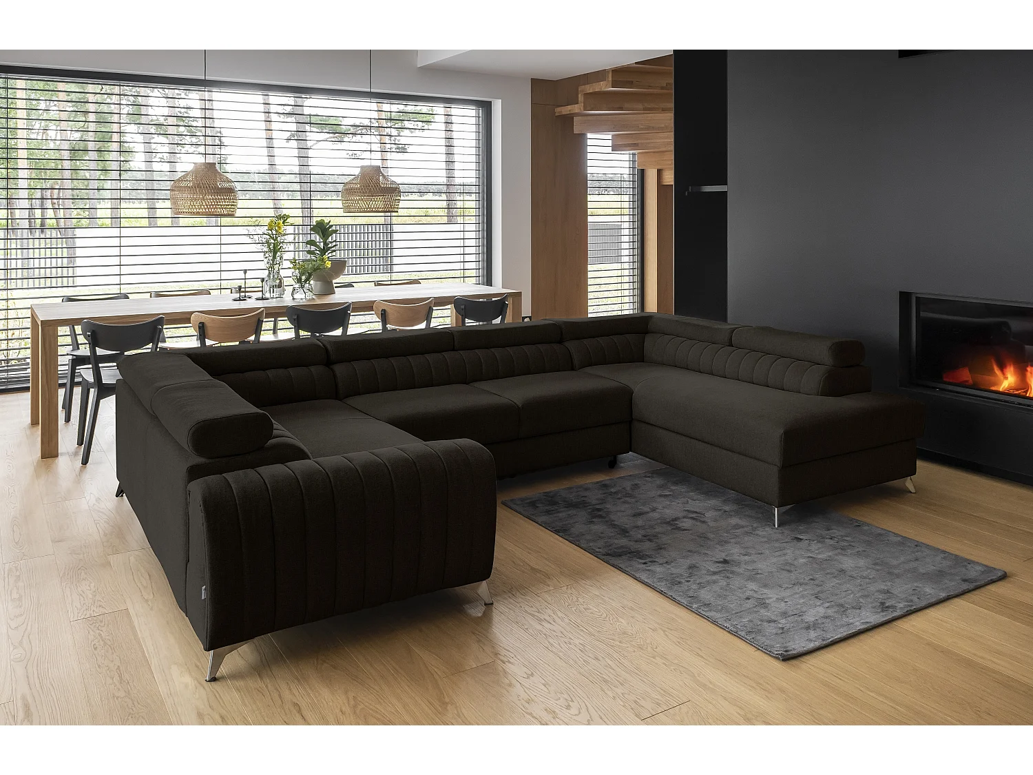 Sofá panorámico convertible de tela LOUVE - Almacenamiento y reposacabezas ajustables-Marrón oscuro-Caja Lado derecho