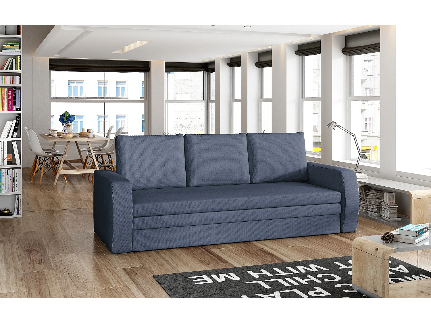 Canapé lit tissu bleu turquin avec coffre de rangement Liverna 220cm