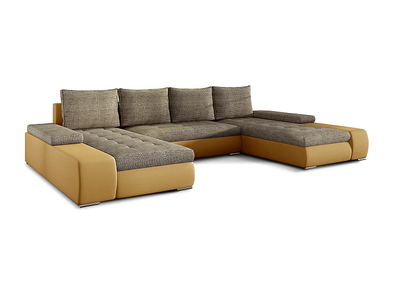 Grand canapé convertible panoramique design tissu beige chiné et simili cuir moutarde avec coffre de rangement Tino 363cm