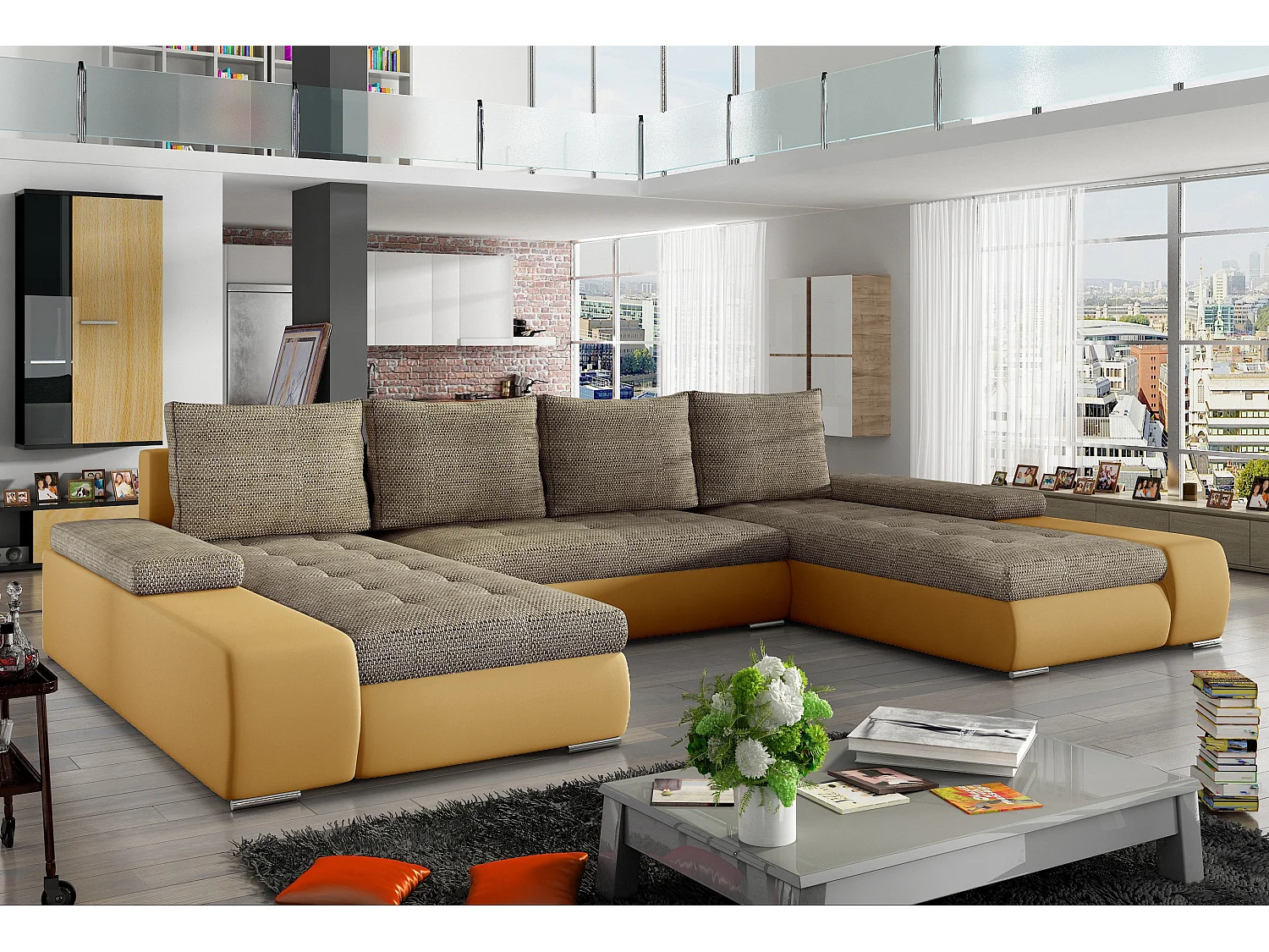 Grand canapé convertible panoramique design tissu beige chiné et simili cuir moutarde avec coffre de rangement Tino 363cm