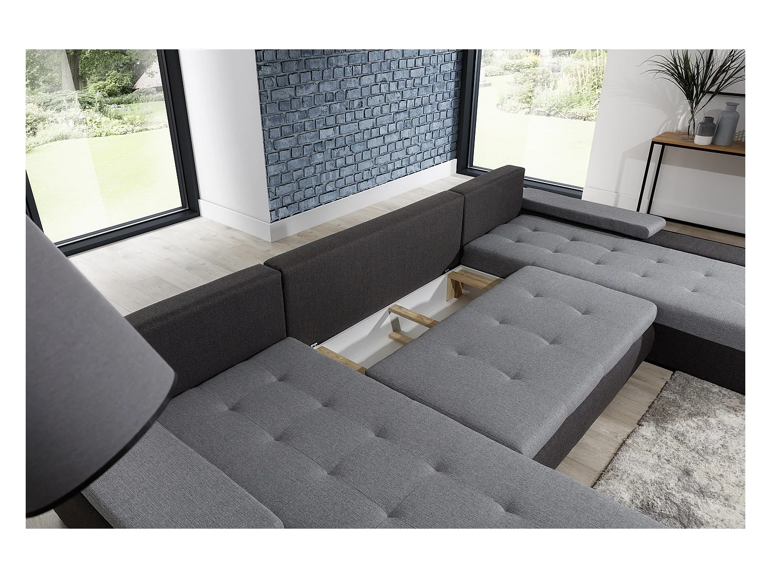 Grand canapé convertible panoramique design tissu beige chiné et simili cuir moutarde avec coffre de rangement Tino 363cm