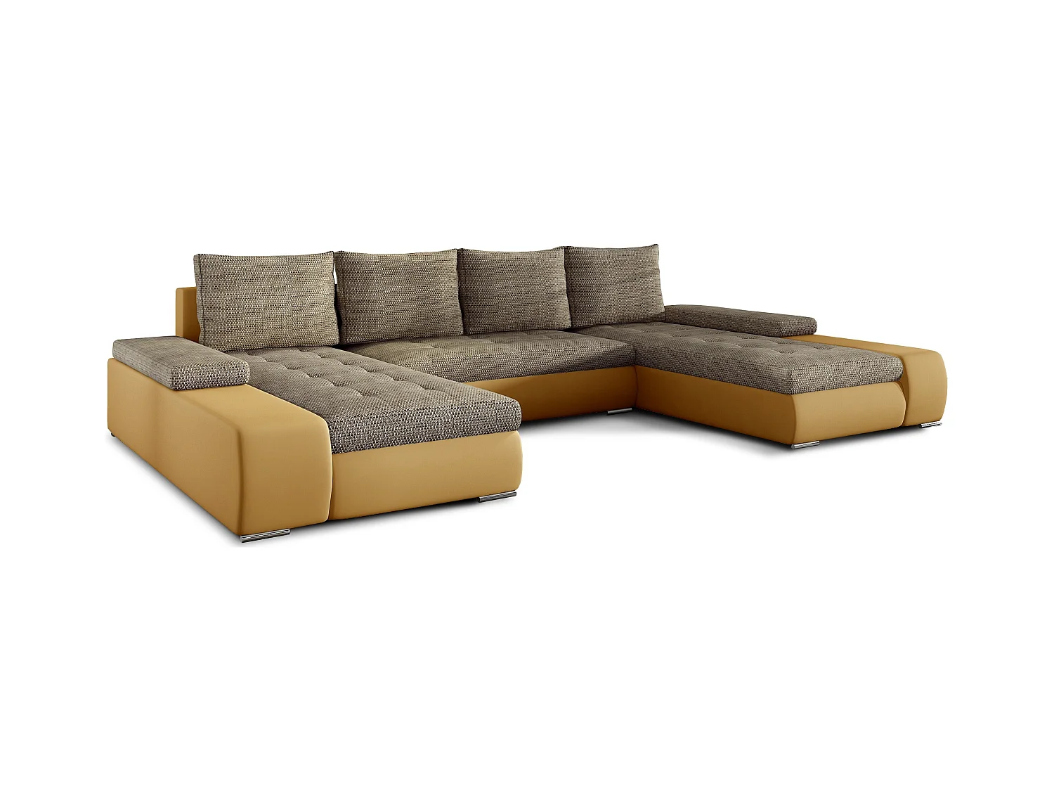 Grand canapé convertible panoramique design tissu beige chiné et simili cuir moutarde avec coffre de rangement Tino 363cm