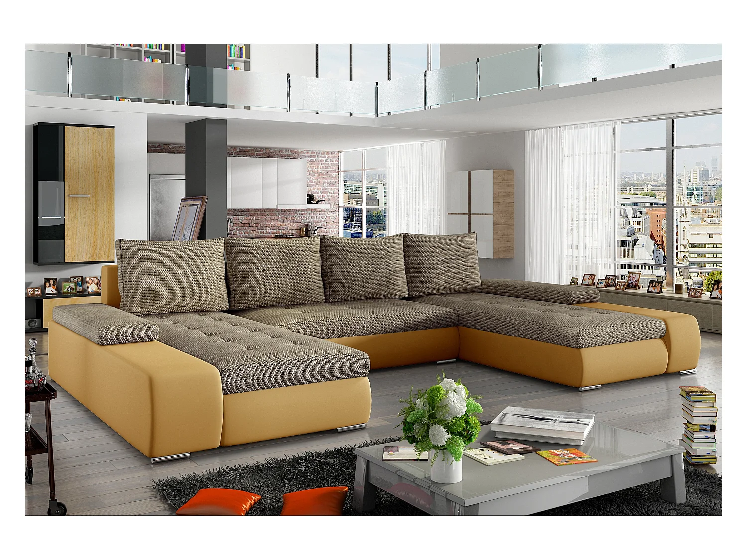 Grote panoramische slaapbank in gevlekt beige stof en mosterd kunstleer met Tino opbergdoos 363 cm