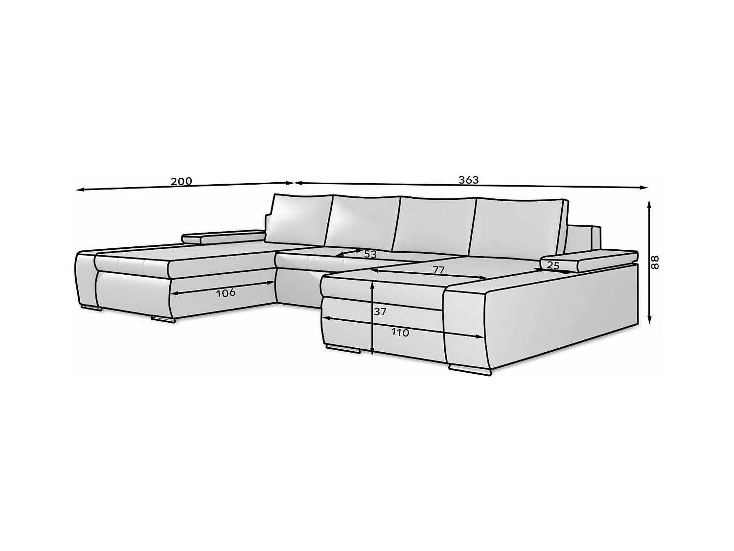 Grote panoramische slaapbank in gevlekt beige stof en mosterd kunstleer met Tino opbergdoos 363 cm