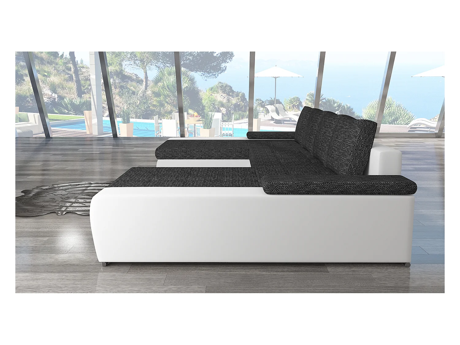 Grote panoramische slaapbank in gevlekt beige stof en mosterd kunstleer met Tino opbergdoos 363 cm