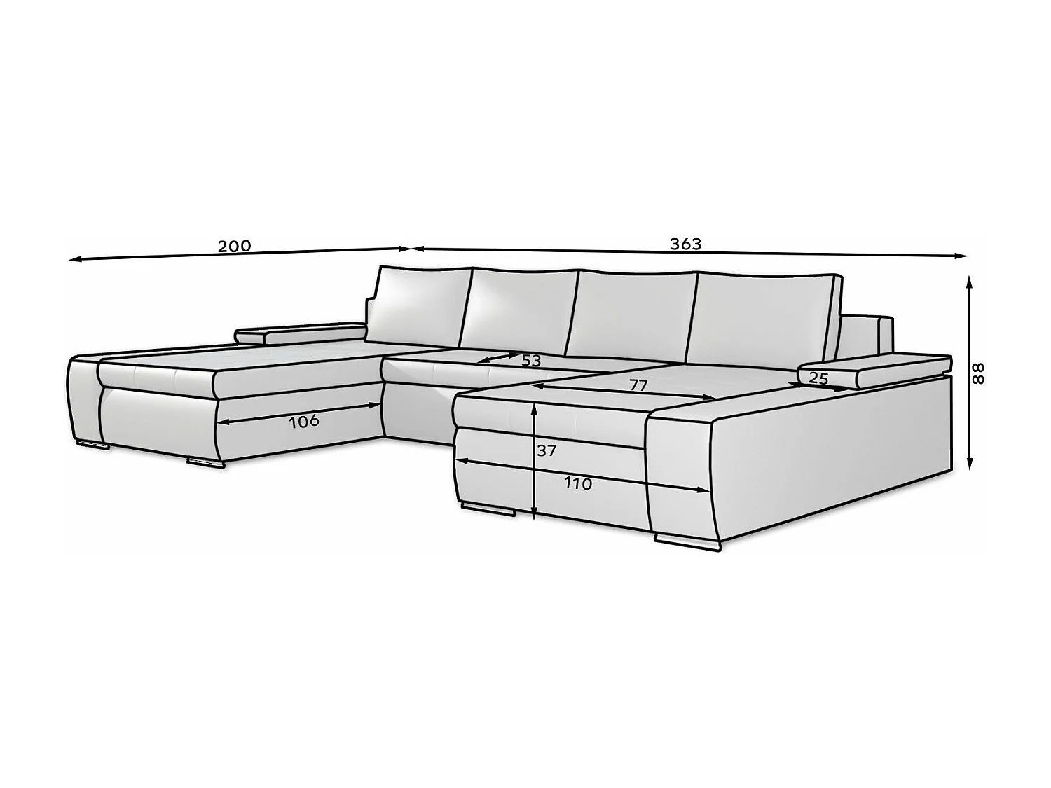 Grand canapé convertible panoramique design tissu beige chiné et simili cuir moutarde avec coffre de rangement Tino 363cm