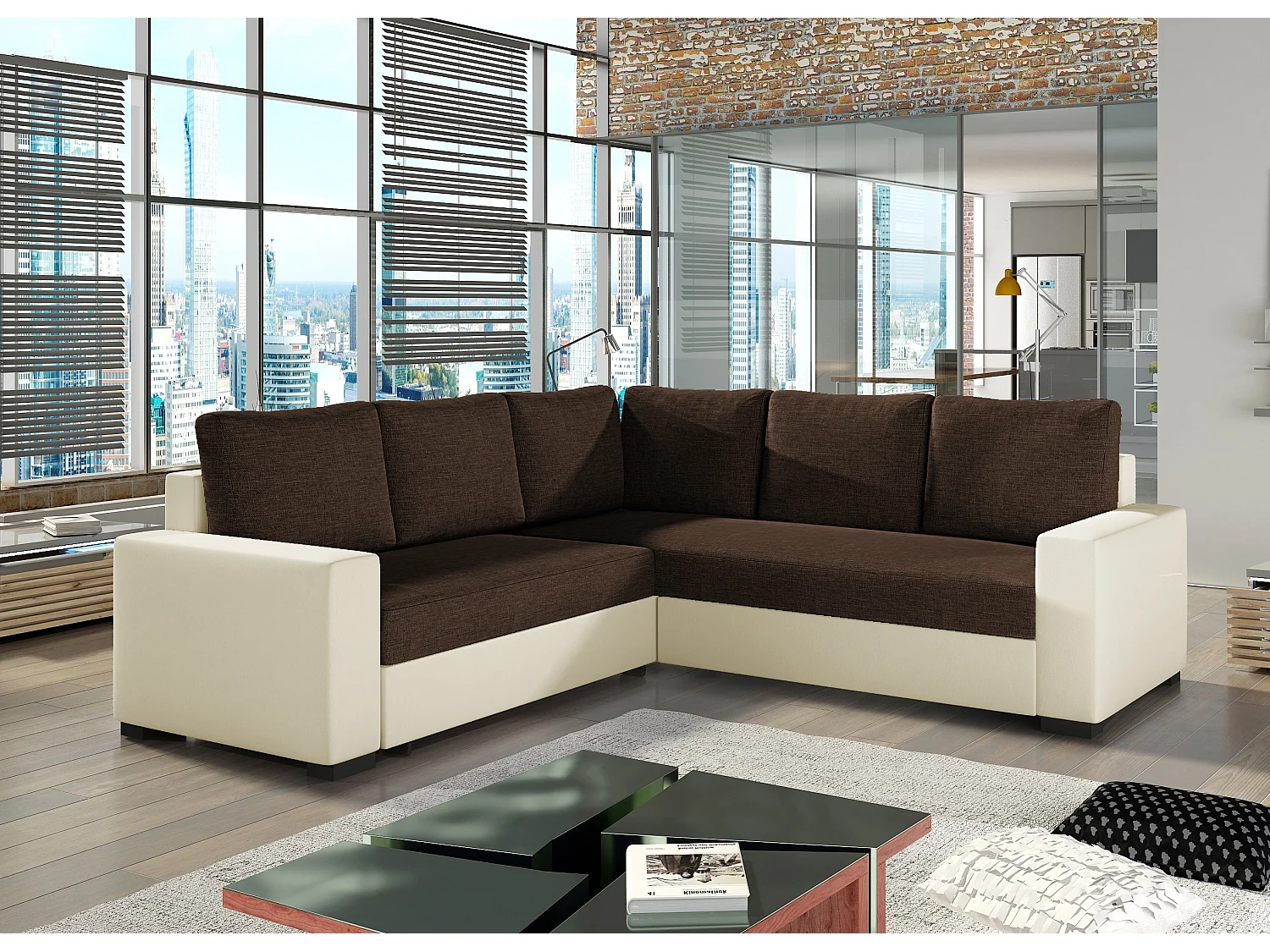 Canapé d'angle convertible simili beige et tissu marron Travor 235cm