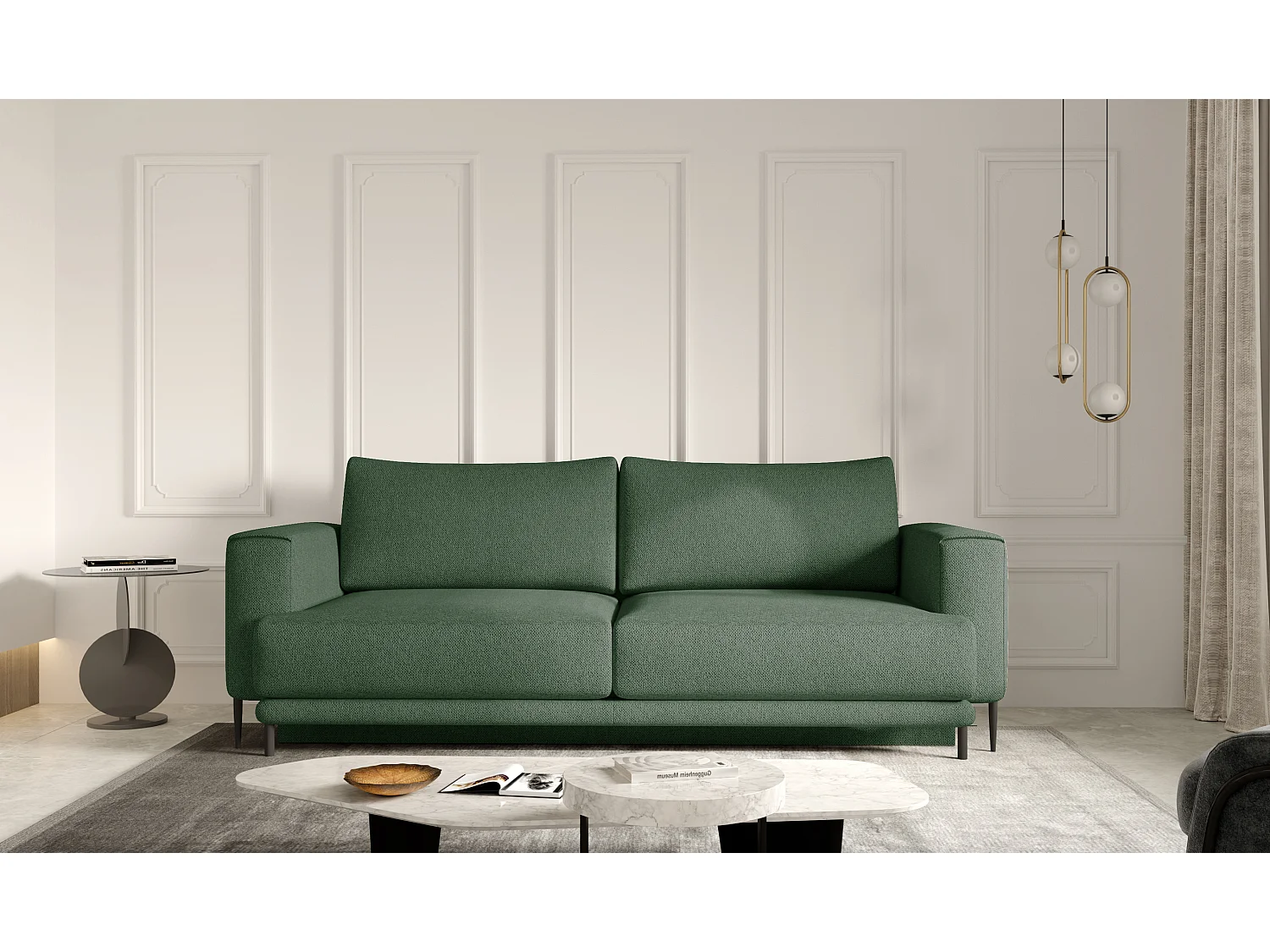 Sofá convertible recto de tela DAVINA con compartimento de almacenamiento - Patas de metal negro-Color Verde celadón