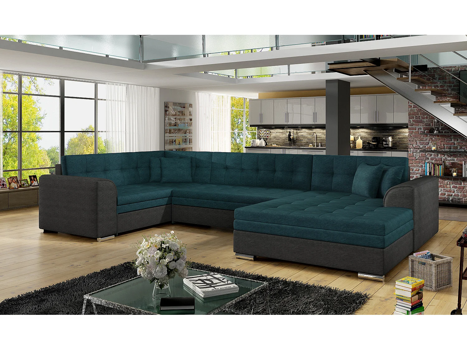 Canapé convertible panoramique tissu doux vert et gris foncé méridienne à droite Diana 340cm