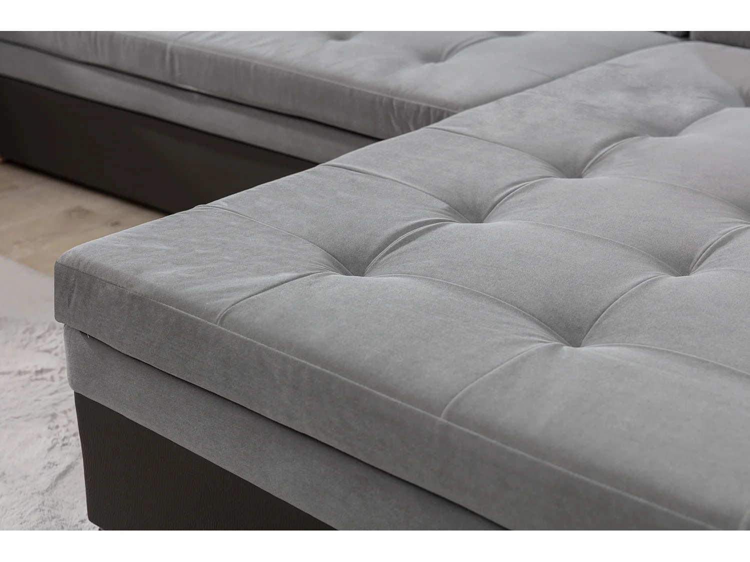 Canapé convertible panoramique tissu doux vert et gris foncé méridienne à droite Diana 340cm