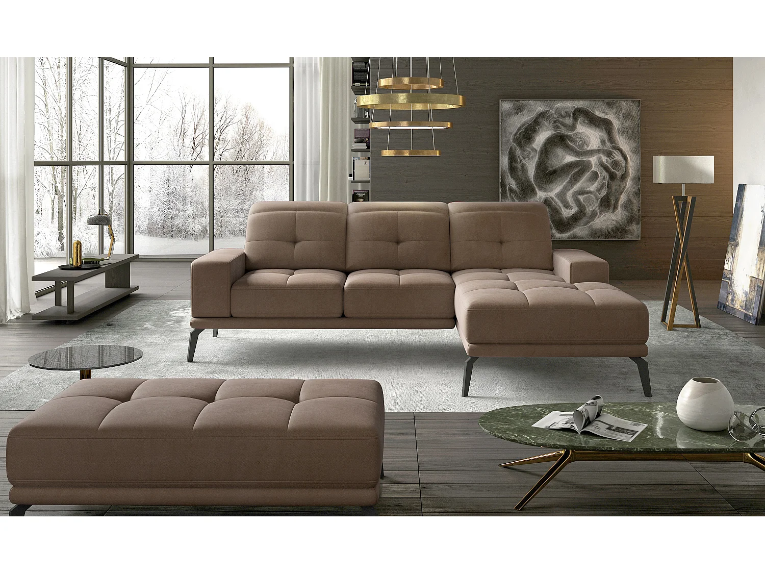 Canapé d'angle droit 5 places velours marron clair Torpille 265cm