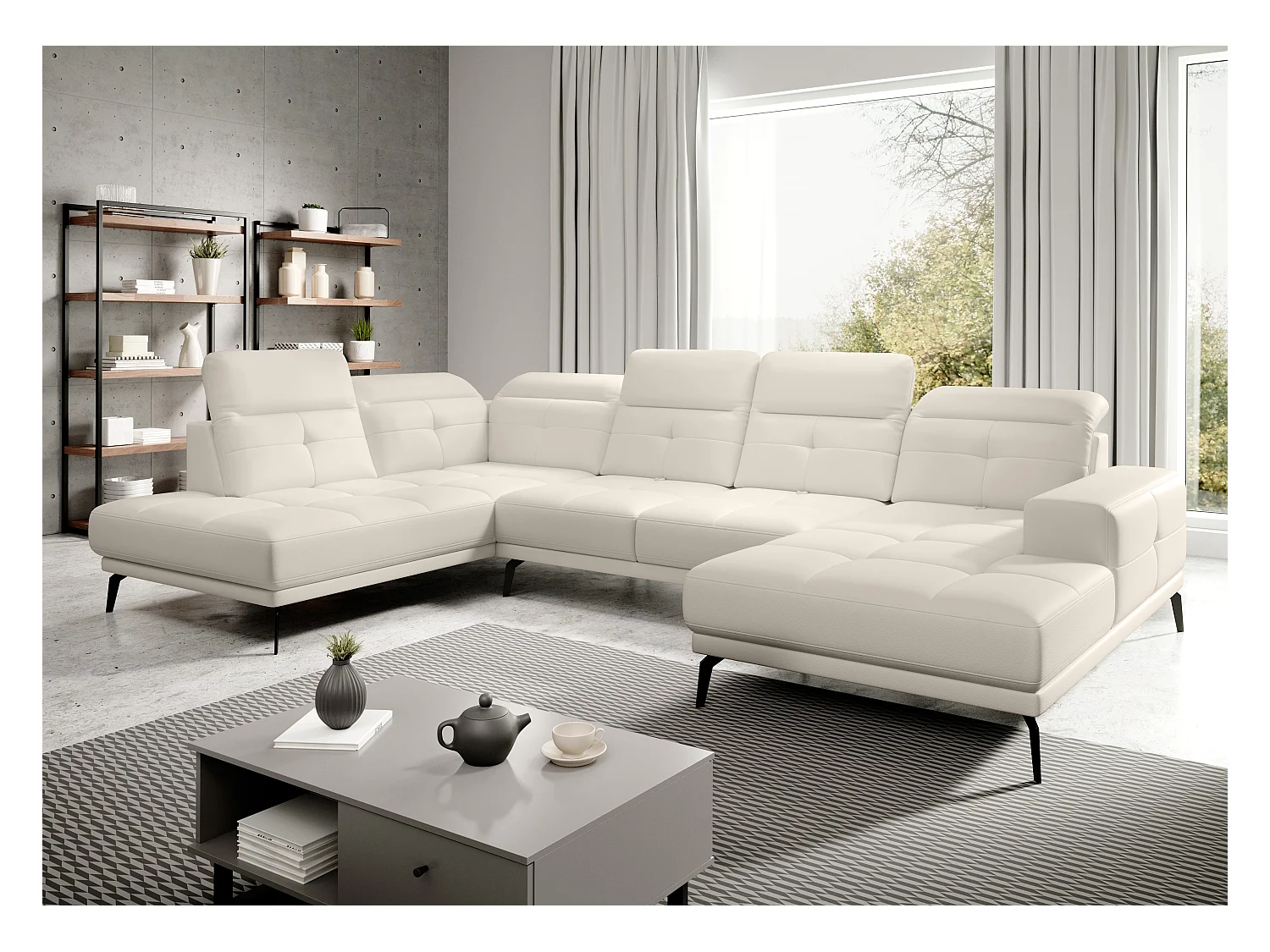 Canapé panoramique moderne simili cuir beige clair angle gauche Versus 350cm